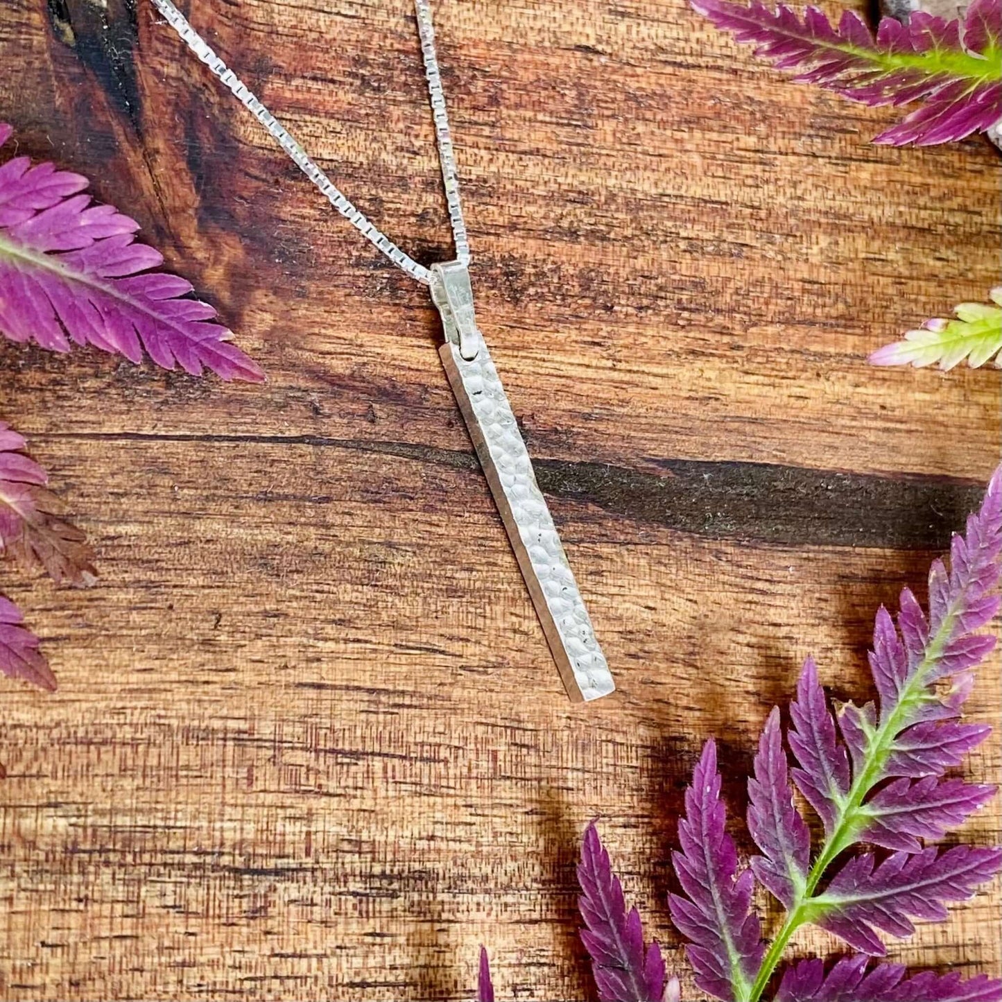 Rod-shaped silver pendant with structured surface, Necklace